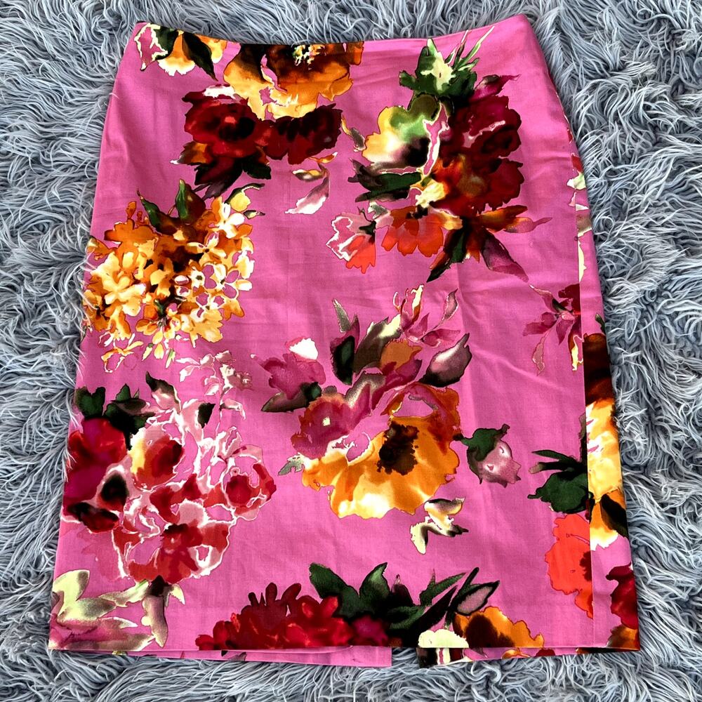Talbots Midi Pencil Skirt Pink Lined Cotton Blend Watercolor Floral Womens 8